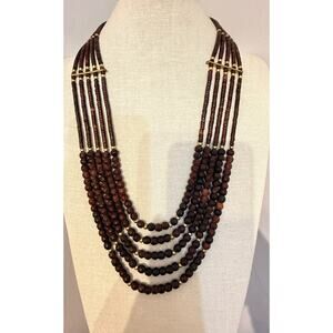 Vintage Multi Strand Wood Bead Necklace Brown Layered Boho Statement 30”